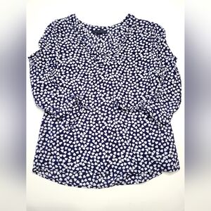 Rachel Rachel Roy Blouse Navy Heart Print Tie Sleeve V Neck Valentine's Large